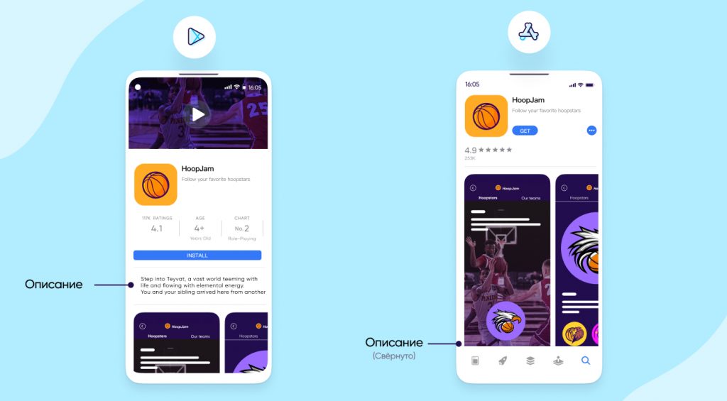 Описание приложений в магазине приложений Apple App Store и описание приложений в магазине приложений Google Play